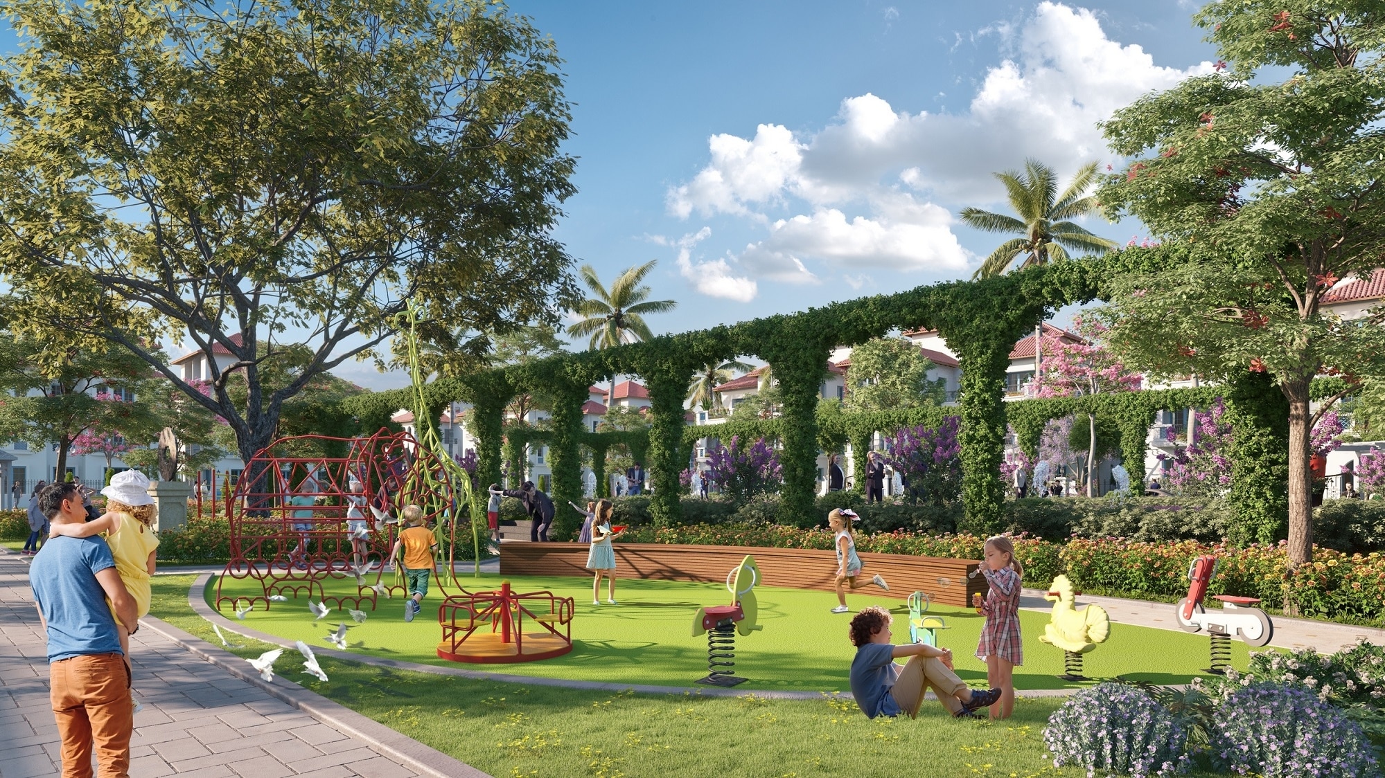 Hệ thống công viên tại Sun Elite City Hạ Long mang đậm phong cách Tây Ban Nha, tạo không gian sống động cho cư dân.