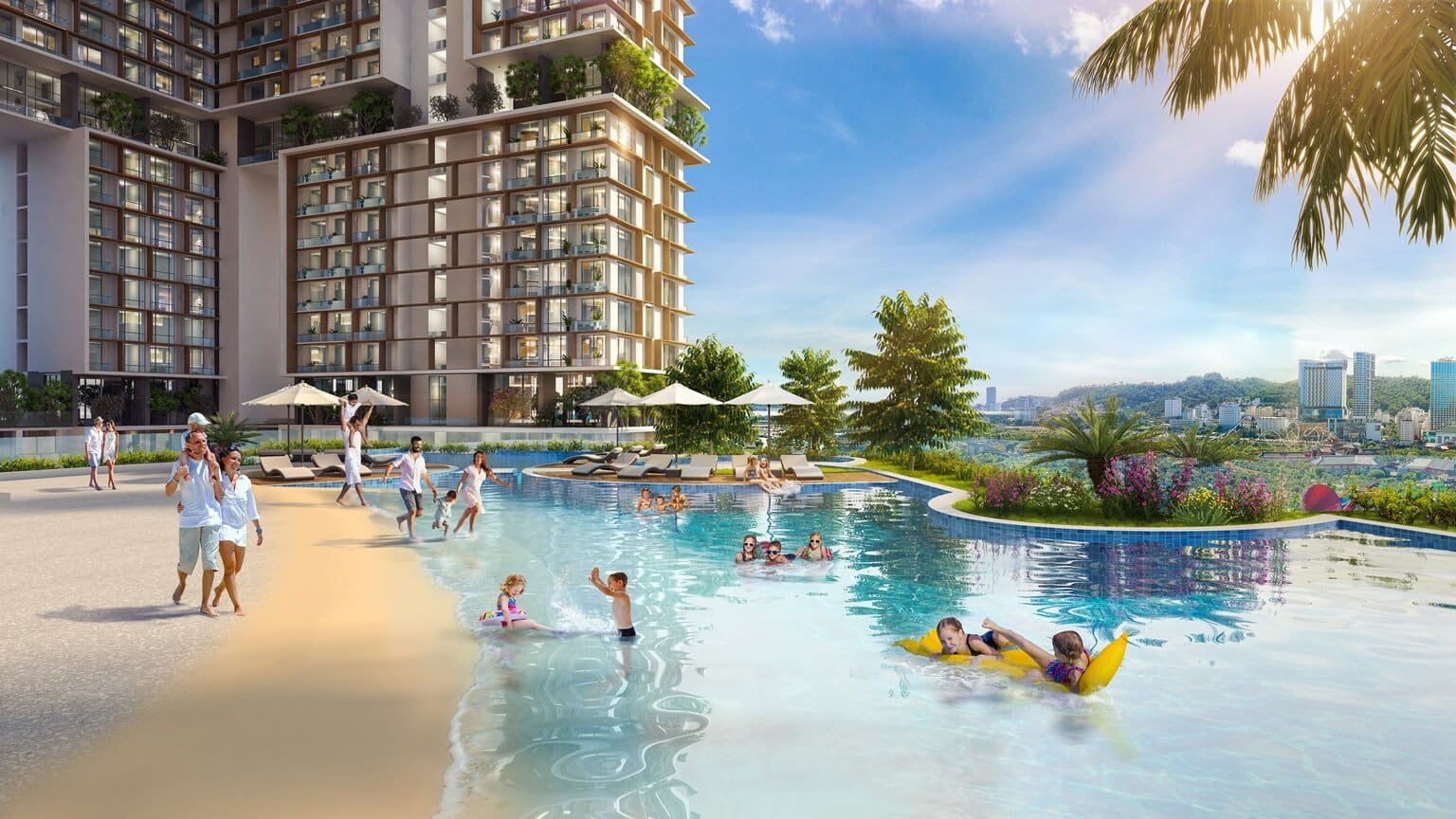 Khu bể bơi hiện đại tại Sun Elite City Hạ Long, mang đến trải nghiệm nghỉ dưỡng đẳng cấp bên cạnh Vịnh Hạ Long.