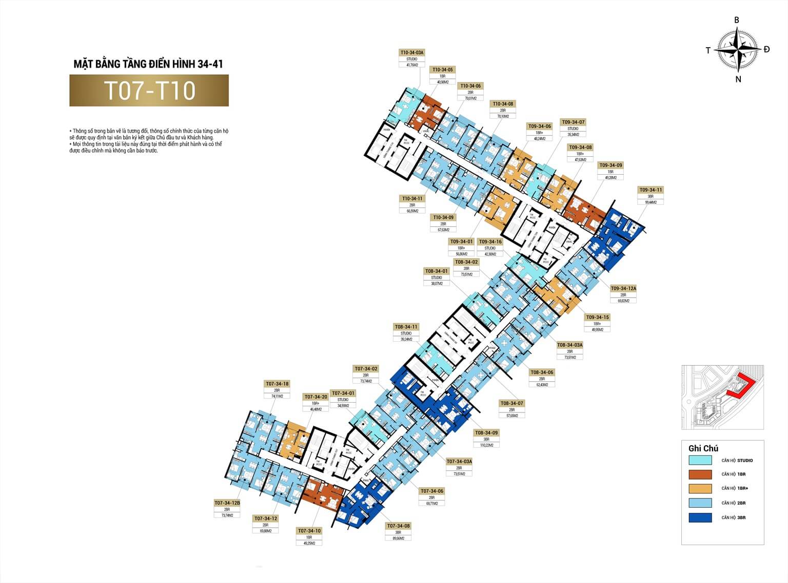 Mặt bằng tầng điển hình từ tầng 34-41 của tòa T07-T10 tại dự án Sun Elite City Hạ Long, bố trí căn hộ tinh tế và khoa học.