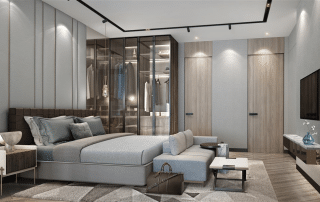 Phòng ngủ phong cách Rustic Luxury tại Sun Elite City Hạ Long với gam màu trung tính và chi tiết tinh tế.