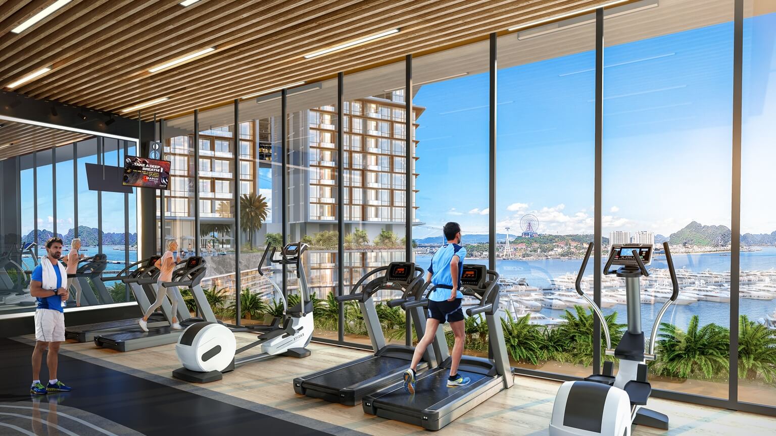 Phòng tập gym hiện đại tại Sun Elite City Hạ Long với tầm nhìn hướng biển tuyệt đẹp.