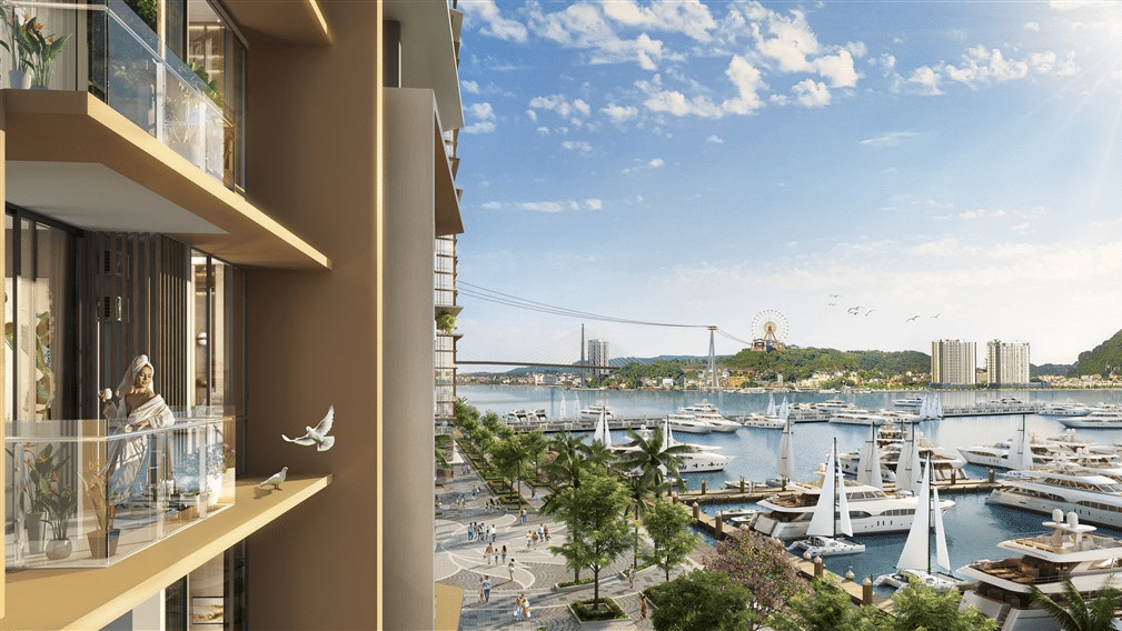 Tầm nhìn rộng mở từ ban công căn hộ tại Sun Elite City Hạ Long, bên bến du thuyền sang trọng.