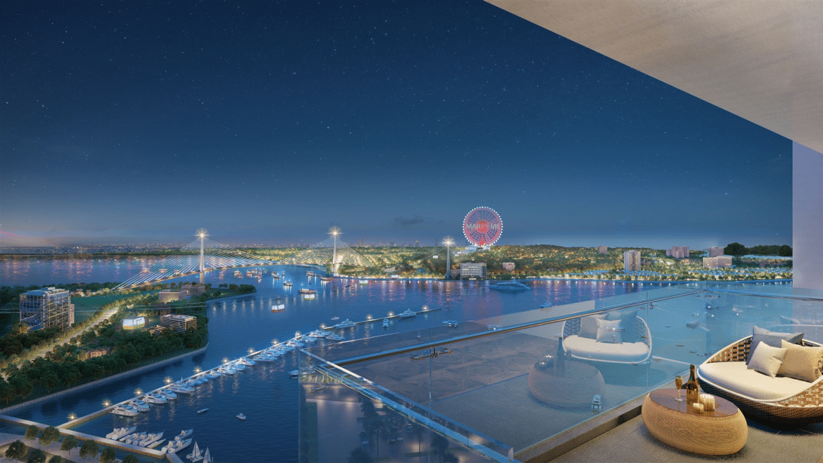 Tầm nhìn từ ban công Sun Elite City Hạ Long, bao quát cầu Bãi Cháy và bến du thuyền sang trọng.