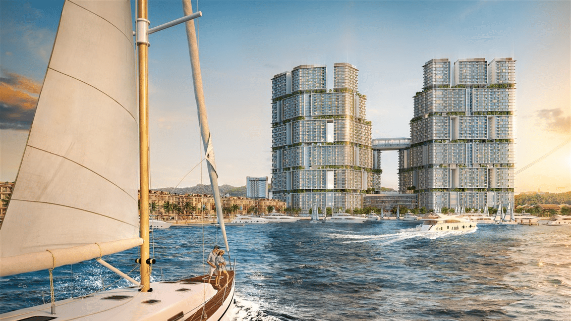 Tòa tháp đôi Sun Elite City Hạ Long với tầm nhìn tuyệt đẹp ra vịnh và bến du thuyền.