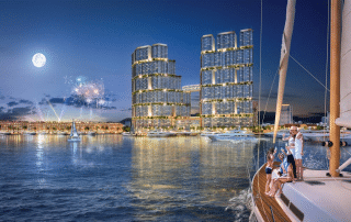 Toàn cảnh tòa tháp đôi Sun Elite City Hạ Long với tầm nhìn ôm trọn vịnh Du thuyền.